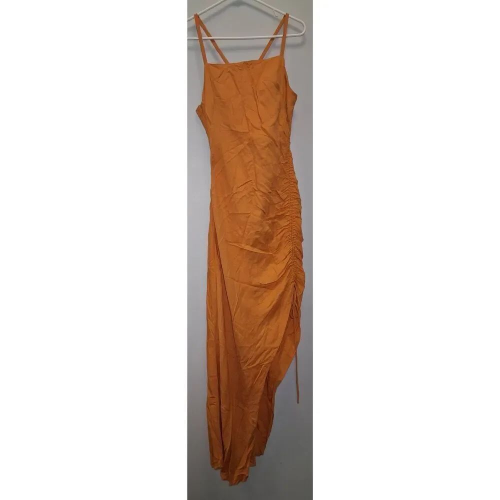 Zara womens small linen dress bodycon ruched mustard rust yellow coquette midi